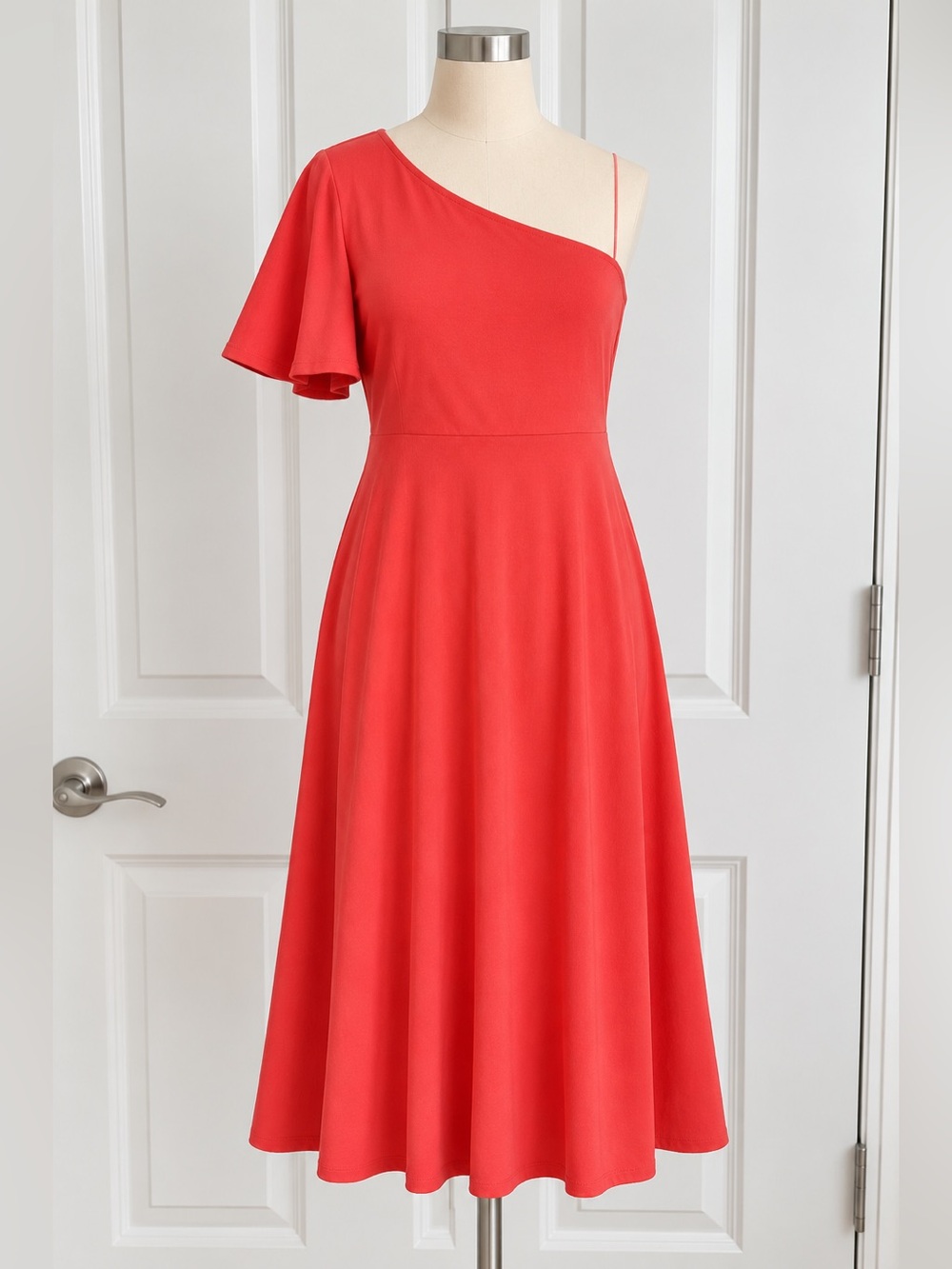 Who What Wear Coral One-Shoulder Midi Dress